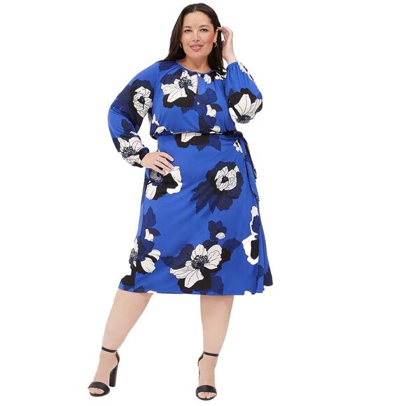 Lane Bryant Key Hole Neck Floral‎ Faux Wrap Tie Midi Dress Blue Black Size 22/24 - Picture 1 of 15